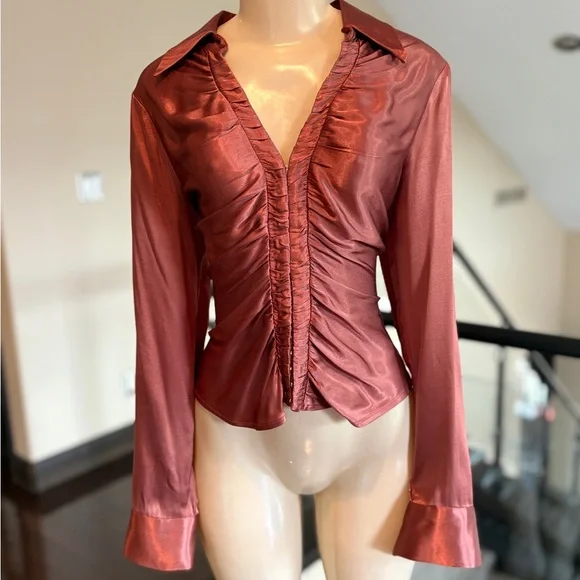Elegant Satin Ruched Blouse - Rust - Picture 1 of 6